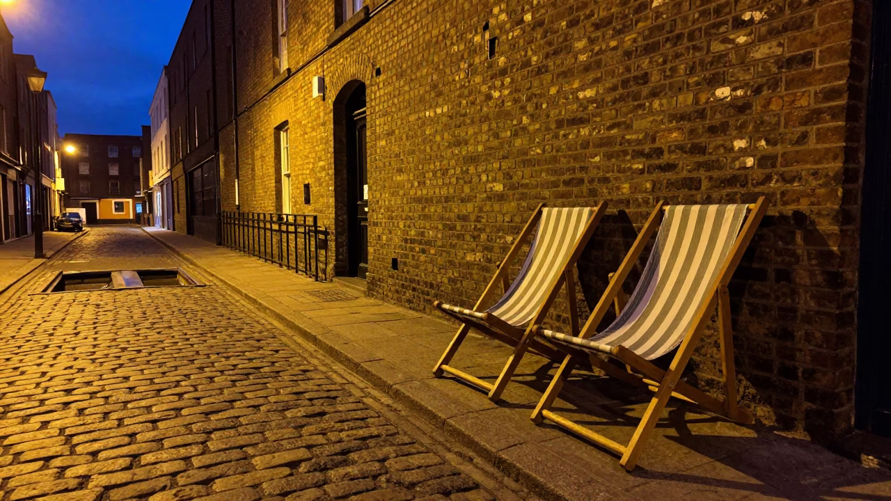 Midnight Dublin Street Scene with Deck Chairs and Sluice Gate Dripping Canal in in Dublin, Ireland