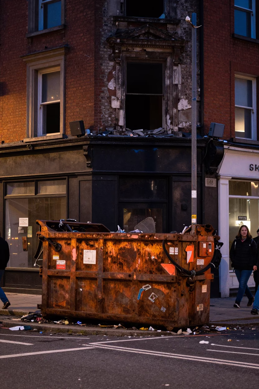 Midnight Dublin Street Scene with Demolition Dumpster and Gutted Storefront Facade in in Dublin, Ireland