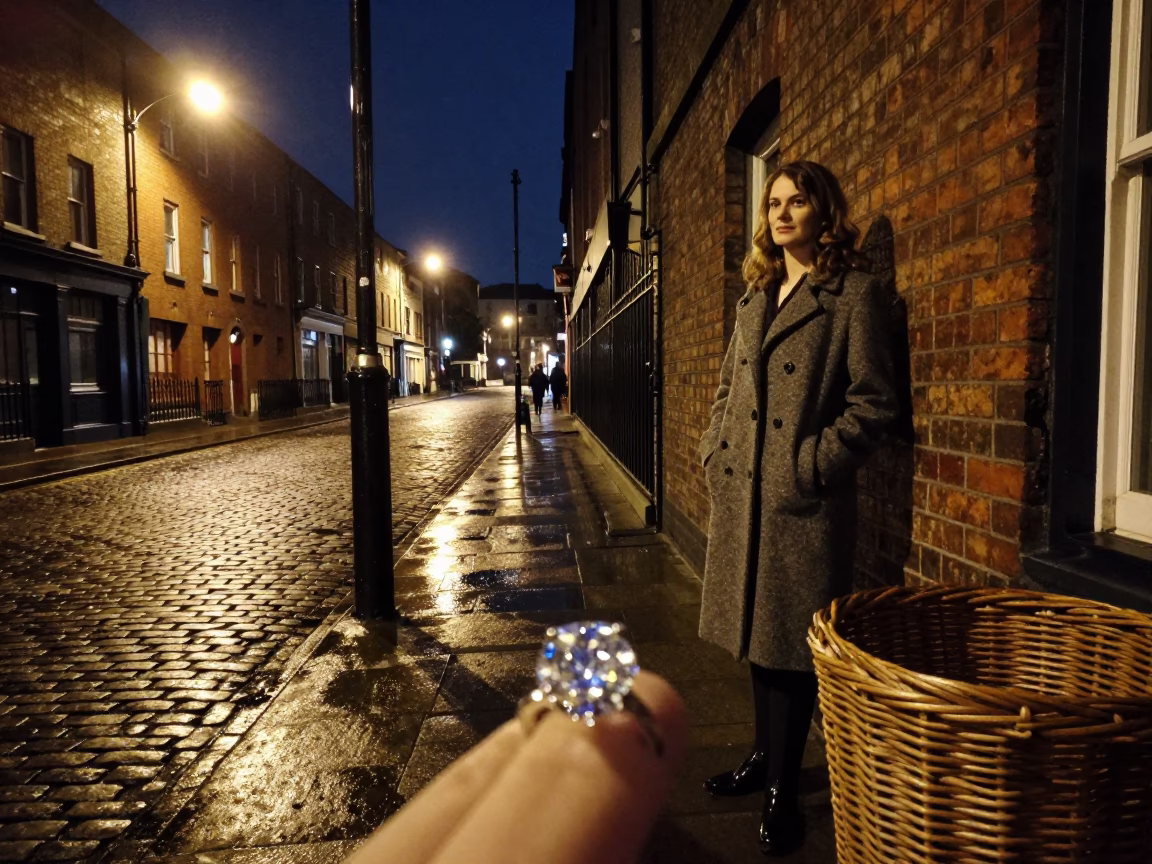 Midnight Dublin Street Scene with Diamond Ring and Wicker Shadow in 1980s Irish Fashion in in Dublin, Ireland