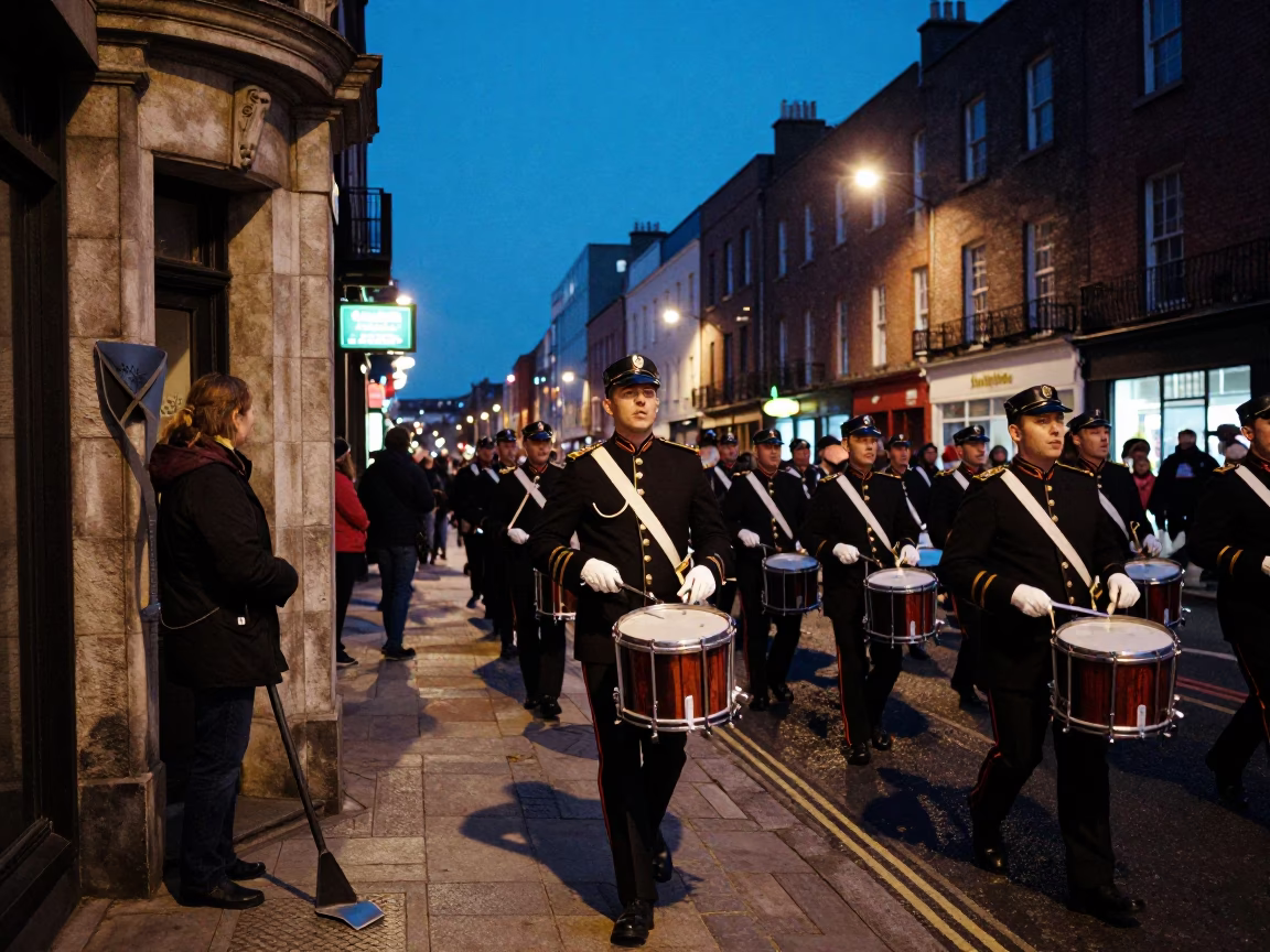 Midnight Dublin Street Scene with Drum Major Leading Band and Boot Scraper in in Dublin, Ireland