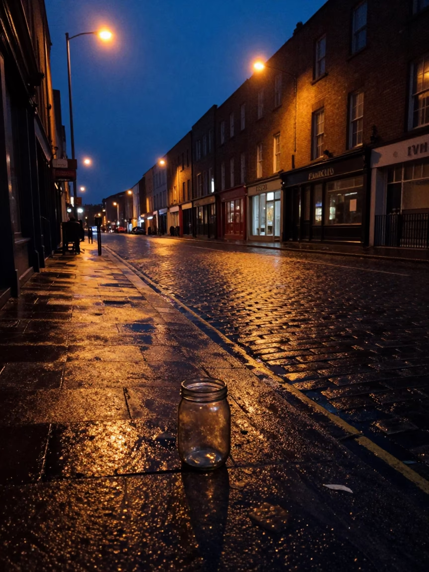 Midnight Dublin Street Scene with Empty Glass Jam Jar on Cobblestones in in Dublin, Ireland