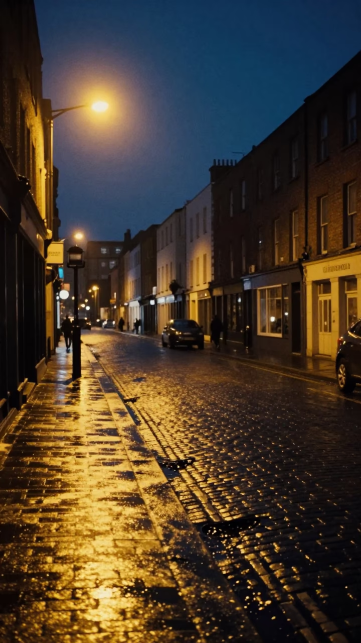 Midnight Dublin Street Scene with Grease Sheen on Drain and Smudged Doorframe in in Dublin, Ireland