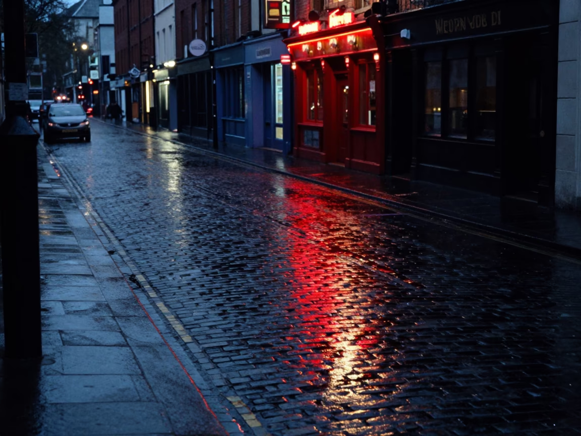Midnight Dublin Street Scene with Neon Reflections and Urban Details in in Dublin, Ireland