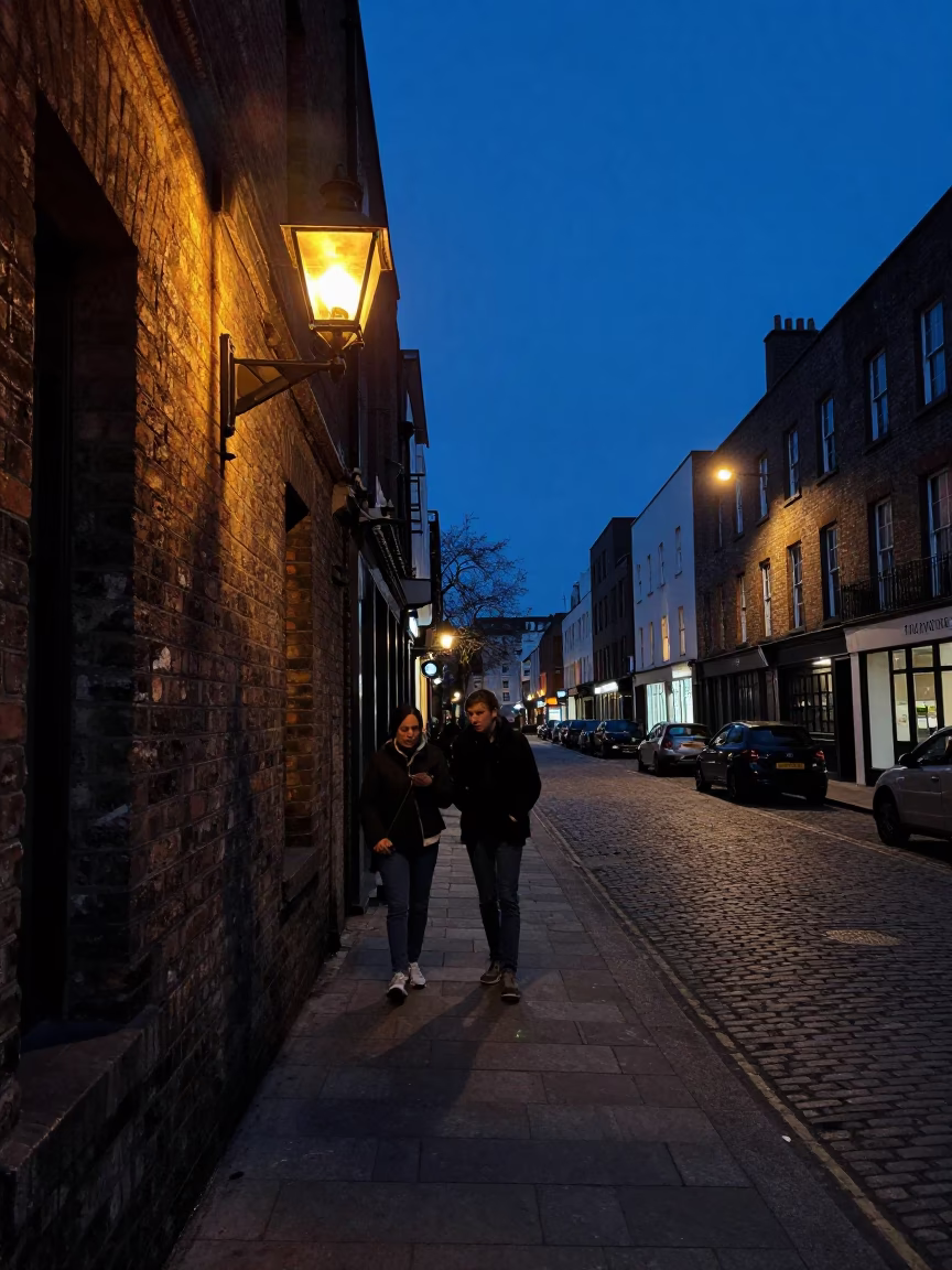 Midnight Dublin Street Scene with Oil Lamp and Urban Reflections in in Dublin, Ireland