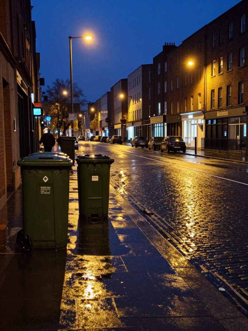 Midnight Dublin Street Scene with Puddle Reflections and Urban Canisters in in Dublin, Ireland