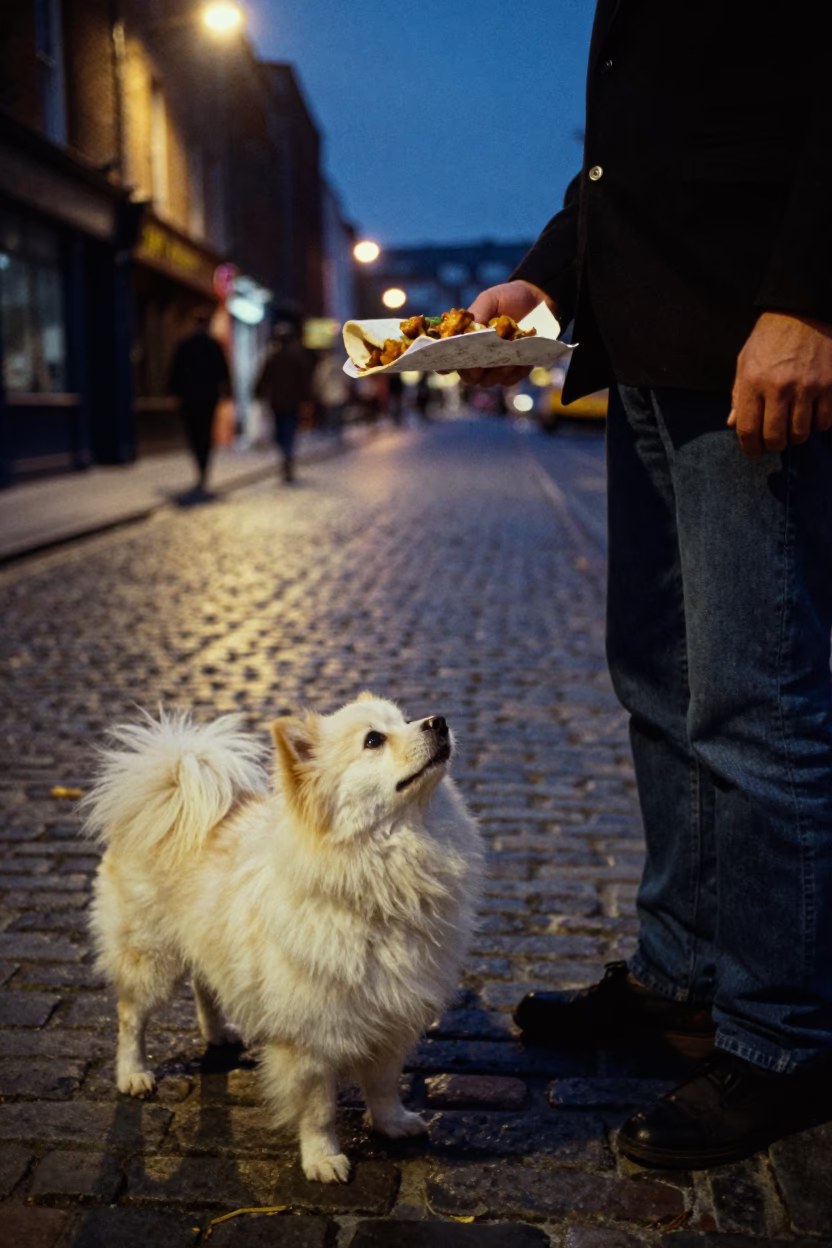 Midnight Dublin Street Scene with Pumi Dog and Shawarma Plate in in Dublin, Ireland