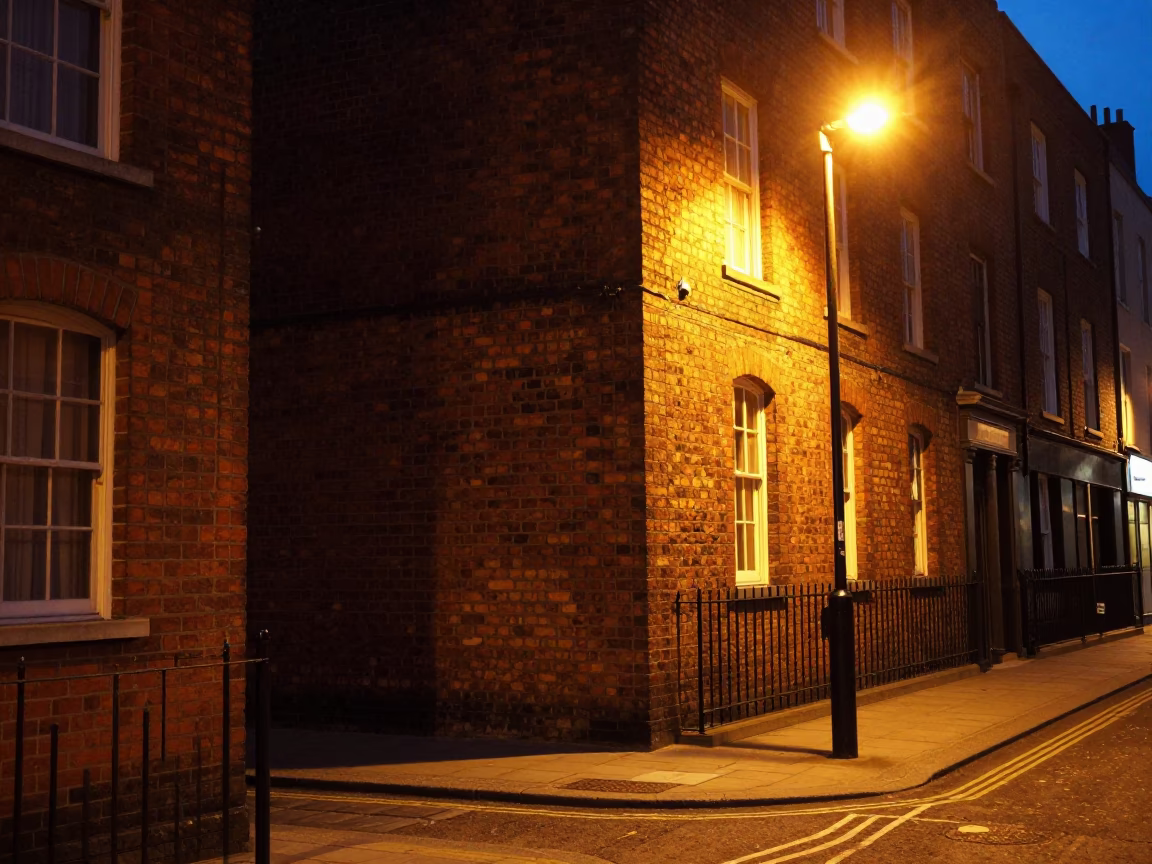 Midnight Dublin Street Scene with Red Brick Architecture and Urban Details in in Dublin, Ireland