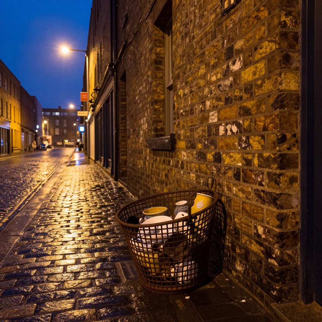 Midnight Dublin Street Scene with Scrap Basket and Pottery Shard on Cobblestone in in Dublin, Ireland