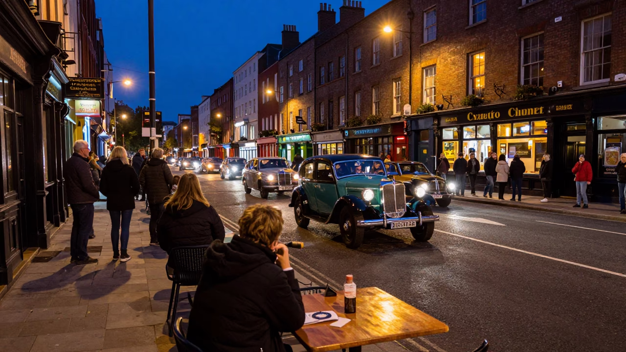 Midnight Dublin Street Scene with Vintage Car Rally and Cassette Tapes in in Dublin, Ireland