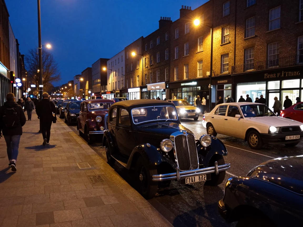 Midnight Dublin Street Scene with Vintage Car Rally and Urban Reflections in in Dublin, Ireland