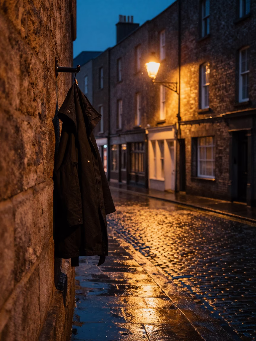 Midnight Dublin Street Scene with Vintage Coat Hook and Ceramic Plate in in Dublin, Ireland