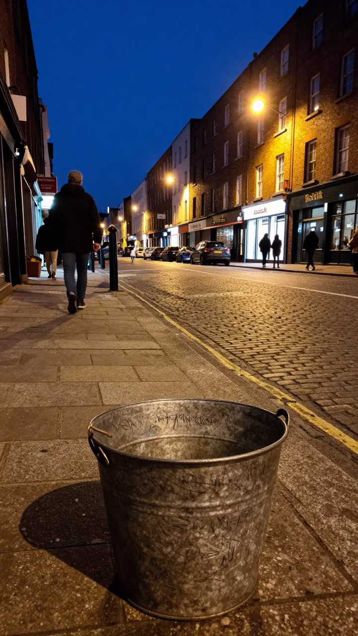 Midnight Dublin Street Scene with Vintage Items and Urban Decay Details in in Dublin, Ireland