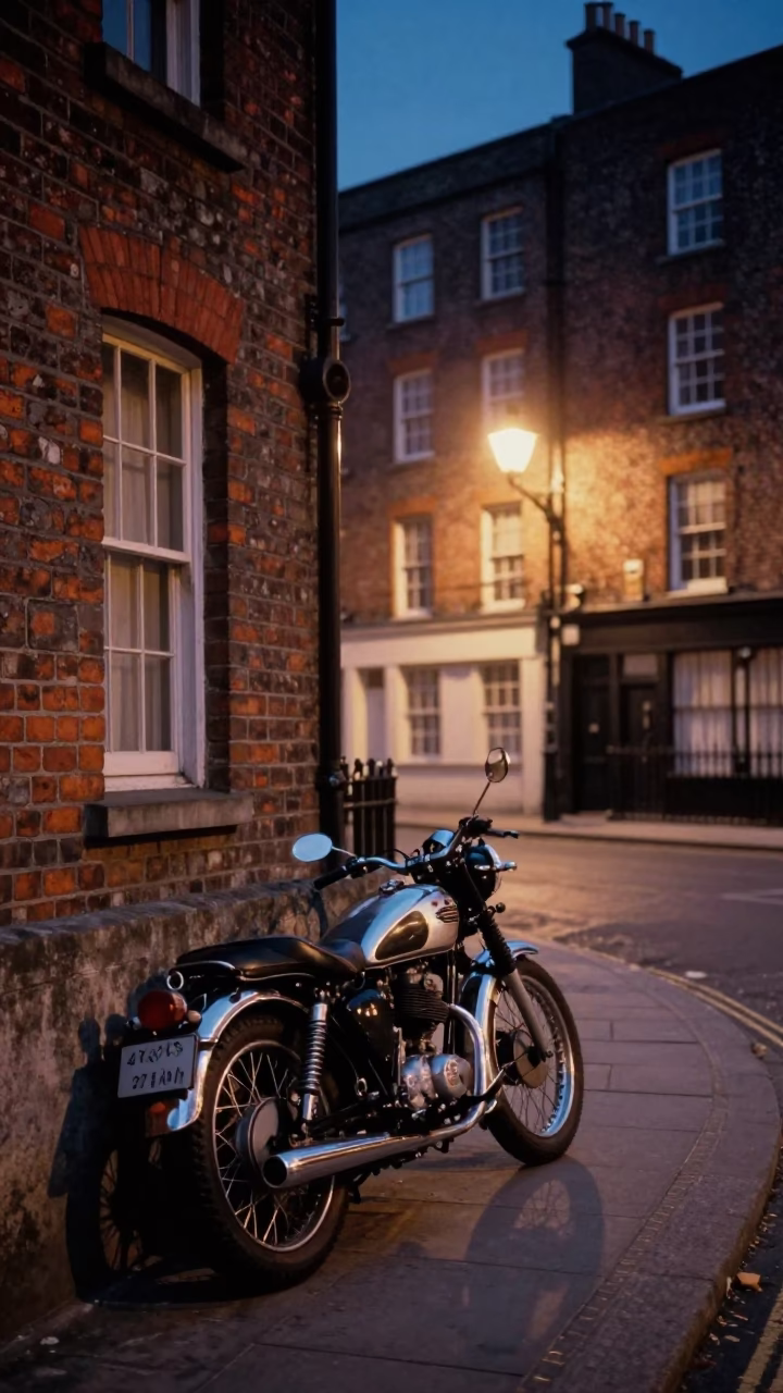 Midnight Dublin Street Scene with Vintage Motorcycle and Traditional Architecture in in Dublin, Ireland
