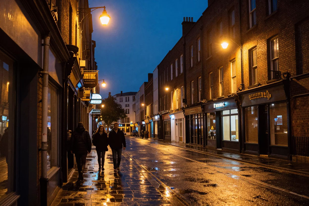 Midnight Dublin Street Scene with Vintage Neon and Wet Pavement Reflections in in Dublin, Ireland