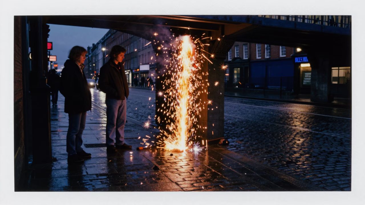 Midnight Dublin Street Scene with Welding Sparks Beneath Bridge Construction Platform in in Dublin, Ireland
