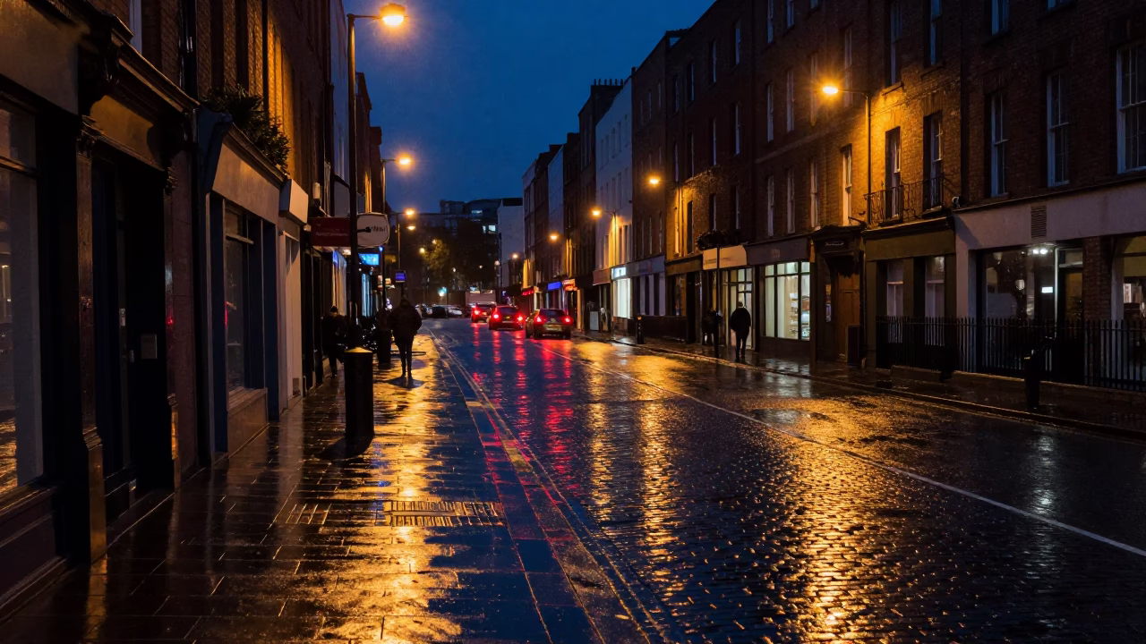 Midnight Dublin Street Scene with Wet Pavement Reflections and Urban Architecture in in Dublin, Ireland