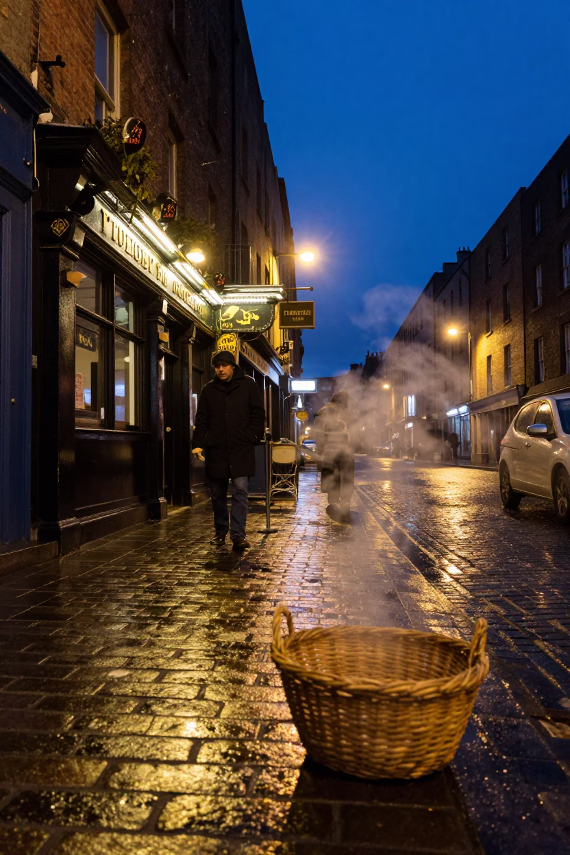 Midnight Dublin Street Scene with Woven Basket and Steam Haze Outside Local Pub in in Dublin, Ireland