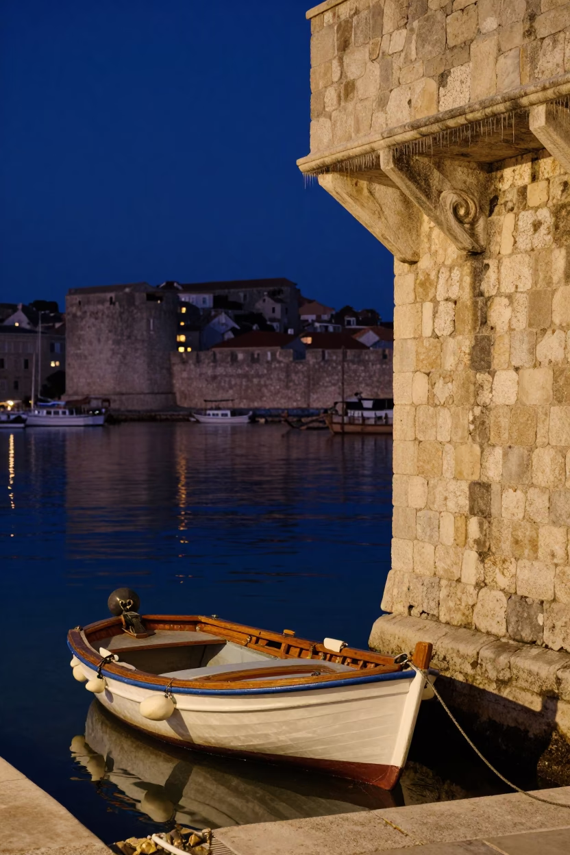 Midnight Dubrovnik Harbor with Condensation on Shelf Bracket and Pearl Diver Surfacing in in Dubrovnik, Croatia
