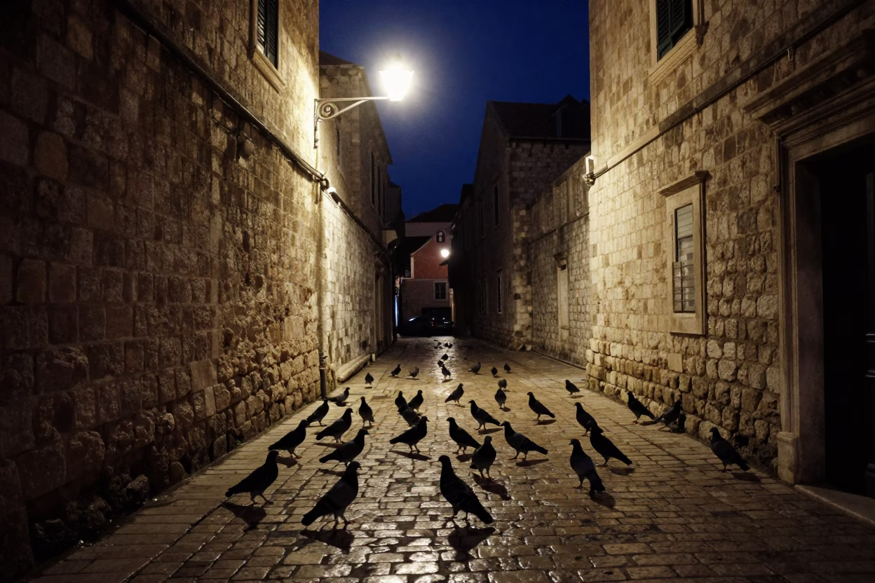 Midnight Dubrovnik Old Town Cobblestones and Pigeons Under Streetlamp in in Dubrovnik, Croatia