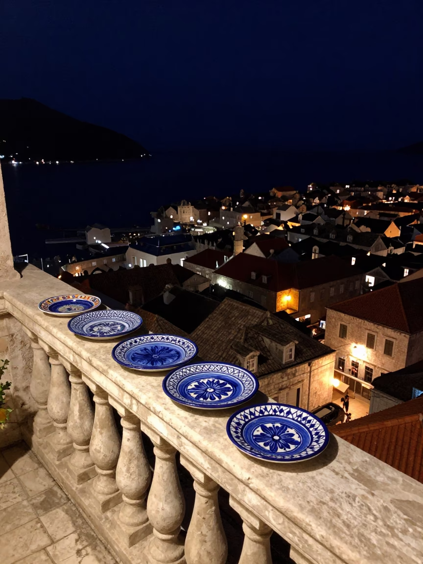 Midnight Dubrovnik Old Town Majolica Plates on Stone Balcony with Sea View in in Dubrovnik, Croatia