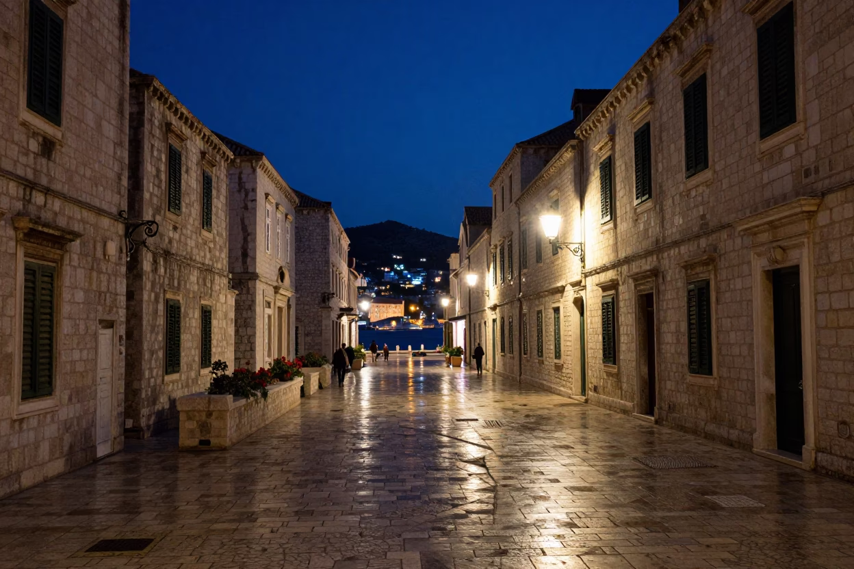 Midnight Dubrovnik Old Town Stone Streets and Harbor Lights in in Dubrovnik, Croatia