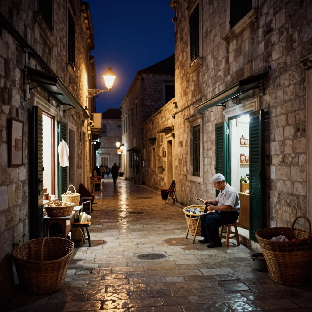 Midnight Dubrovnik Old Town Street Scene with Sewing Baskets and Incense Holder in in Dubrovnik, Croatia
