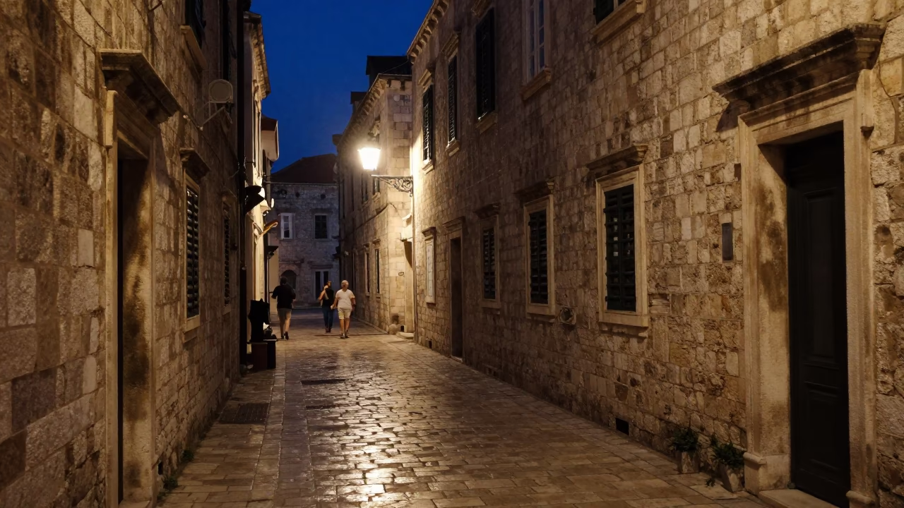 Midnight Dubrovnik Old Town Street Scene with Stone Walls and Local Nightlife in in Dubrovnik, Croatia