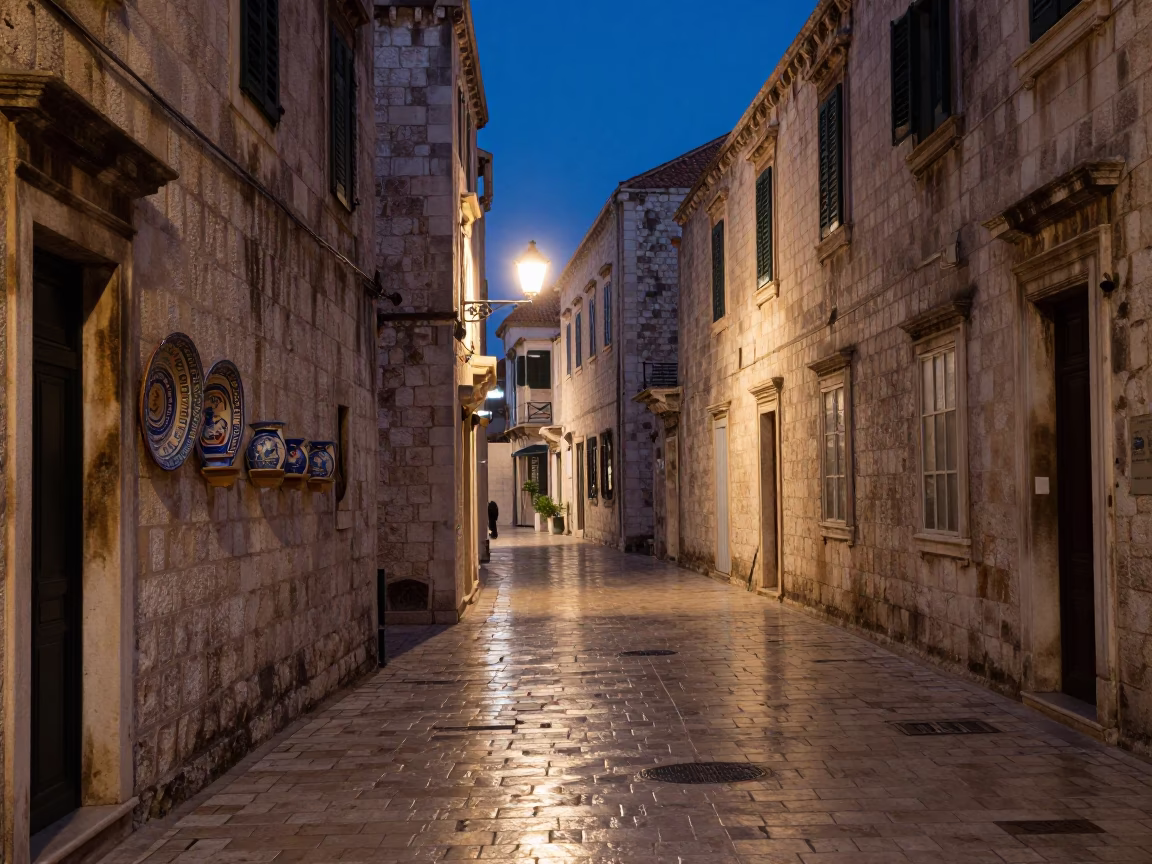 Midnight Dubrovnik Old Town Street with Vintage Italian Majolica Plate and Thermos in in Dubrovnik, Croatia