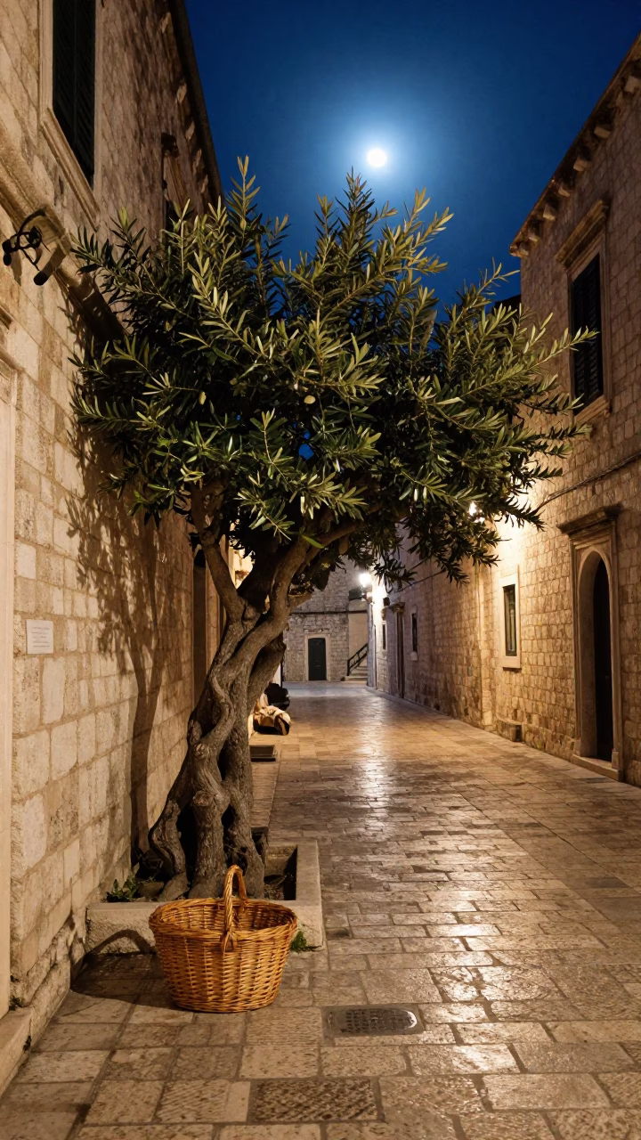 Midnight Dubrovnik Stone Alley with Wicker Basket and Tree Shadows in in Dubrovnik, Croatia