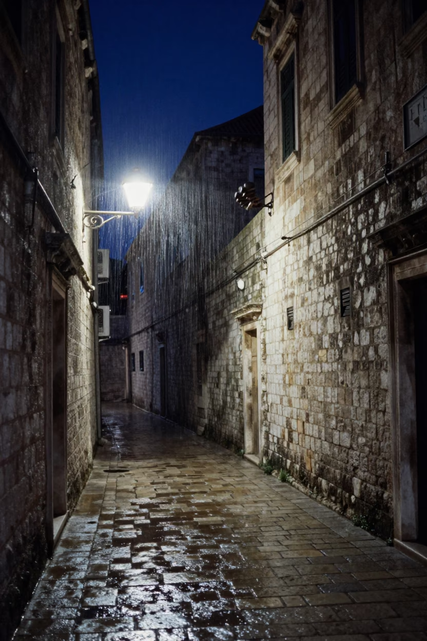Midnight Dubrovnik Stone Alleyway with Condensation and Substation Insulators in in Dubrovnik, Croatia