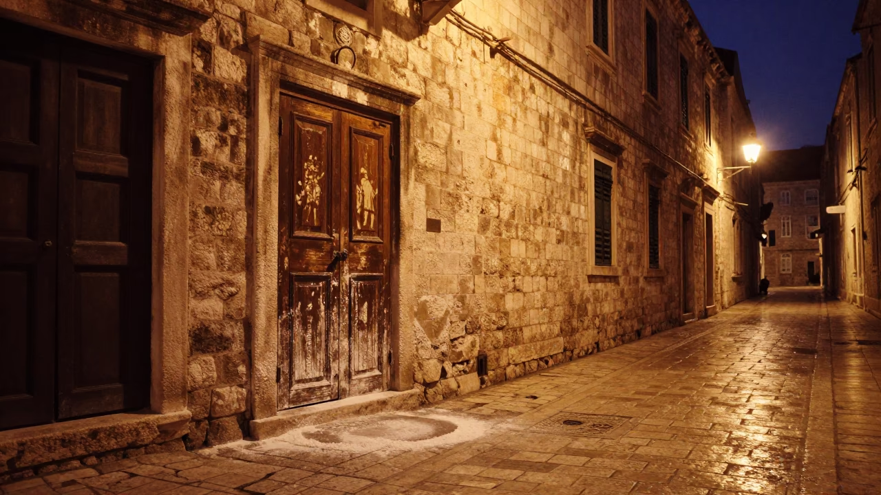 Midnight Dubrovnik Street Corner with Scuffed Wood and Flour Dust in in Dubrovnik, Croatia