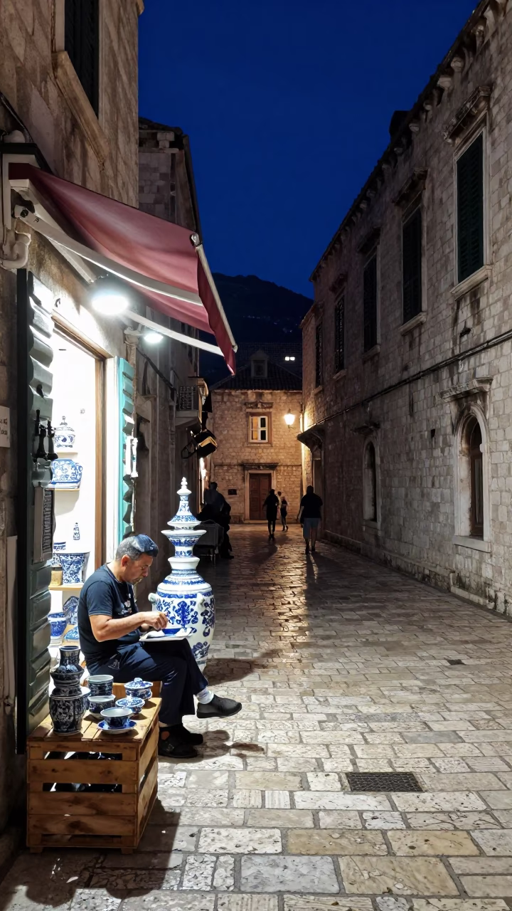 Midnight Dubrovnik Street Scene with Blue White Porcelain and Skillet in in Dubrovnik, Croatia