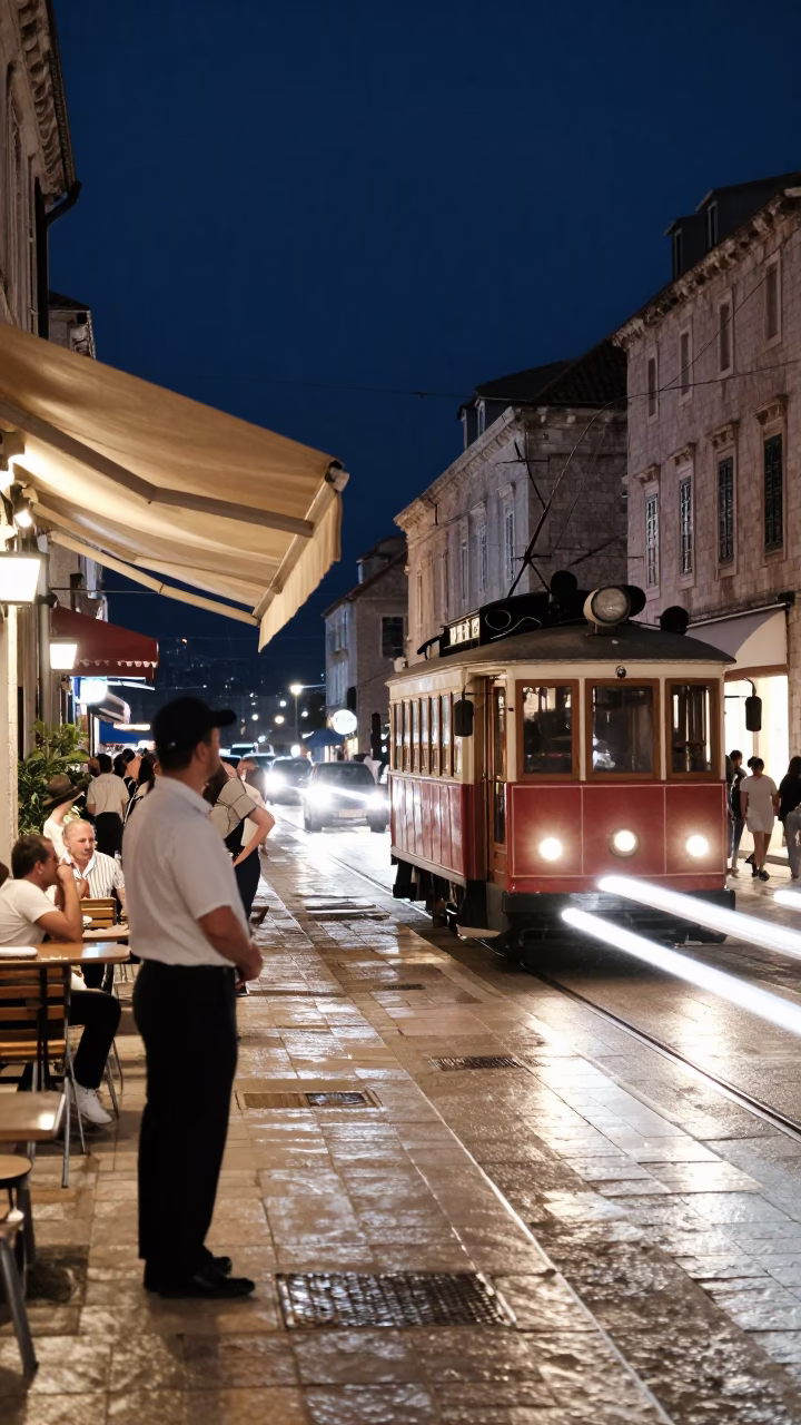 Midnight Dubrovnik Street Scene with Heritage Tram and Valet Stand Headlight Streaks in in Dubrovnik, Croatia