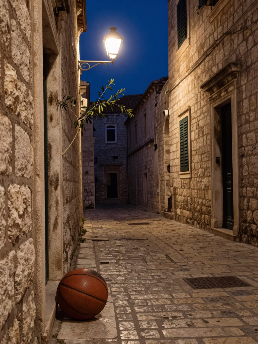 Midnight Dubrovnik Street Scene with Olive Branch and Leather Basketball Near Old Stone Walls in in Dubrovnik, Croatia