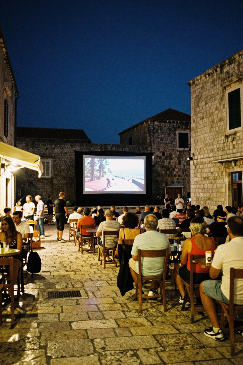 Midnight Dubrovnik Street Scene with Outdoor Cinema and Local Bar Counter Details in in Dubrovnik, Croatia