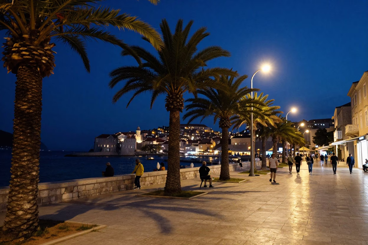 Midnight Dubrovnik Street Scene with Palm Trees and Local Nightlife Atmosphere in in Dubrovnik, Croatia