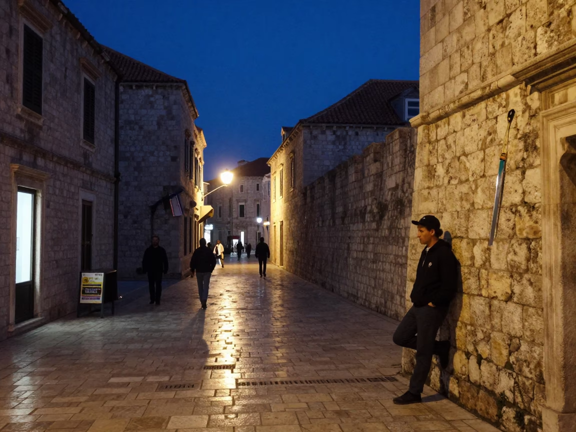 Midnight Dubrovnik Street Scene with Straight Razor and Local Interaction in in Dubrovnik, Croatia
