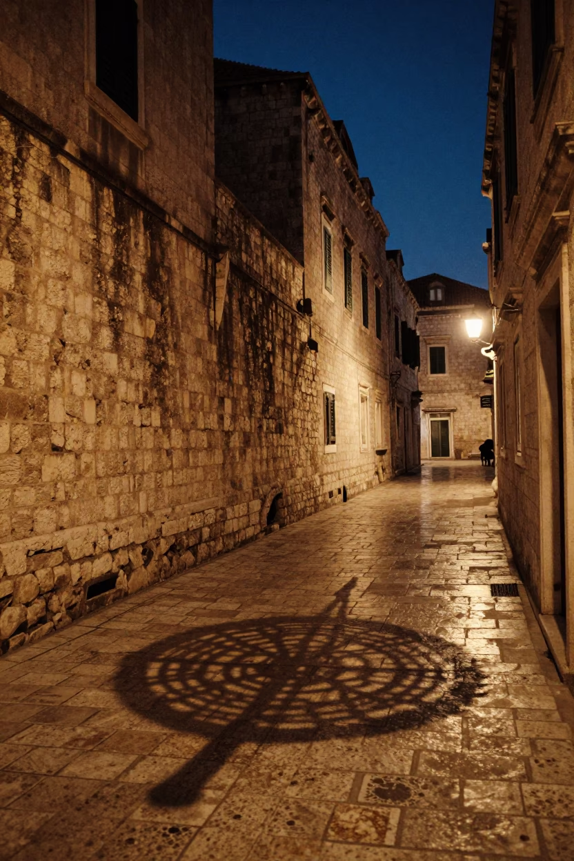 Midnight Dubrovnik Street Scene with Wicker Shadow on Stone Sill in in Dubrovnik, Croatia