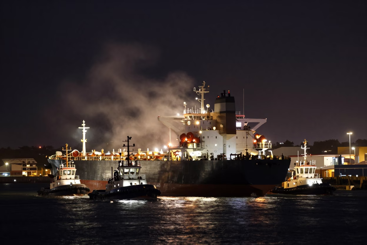 Midnight Durban Port Tugboats Guiding Tanker with Steam Haze and Copper Pots in in Durban, South Africa