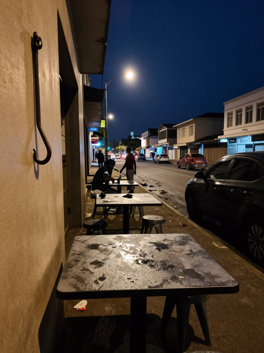 Midnight Durban Street Scene with Condensation on Tabletop and Iron Hook in in Durban, South Africa