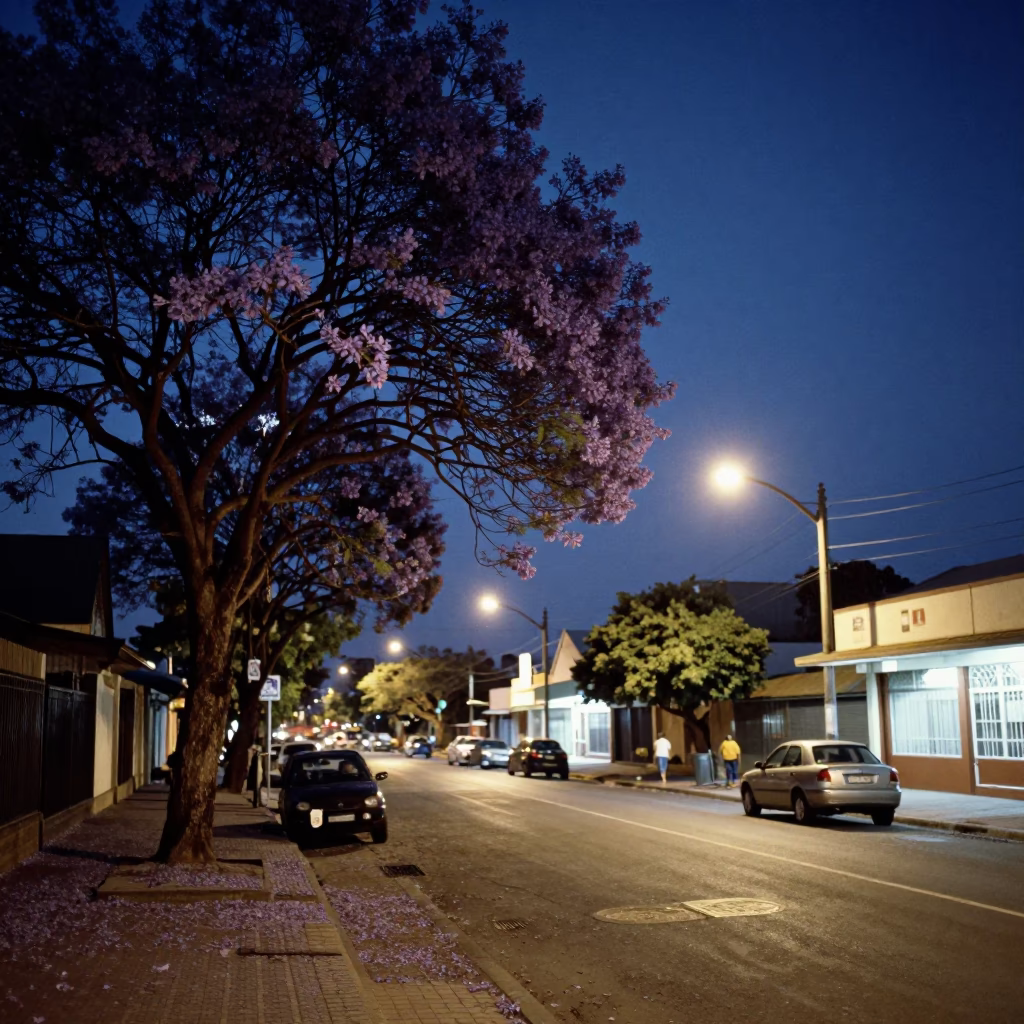 Midnight Durban Street Scene with Jacaranda Tree and Cable Car in in Durban, South Africa