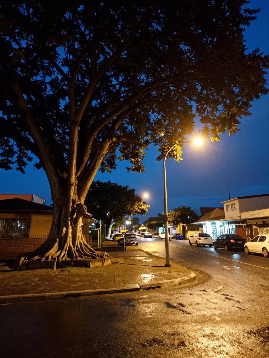 Midnight Durban Street Scene with Kapok Tree and Local Nightlife in in Durban, South Africa