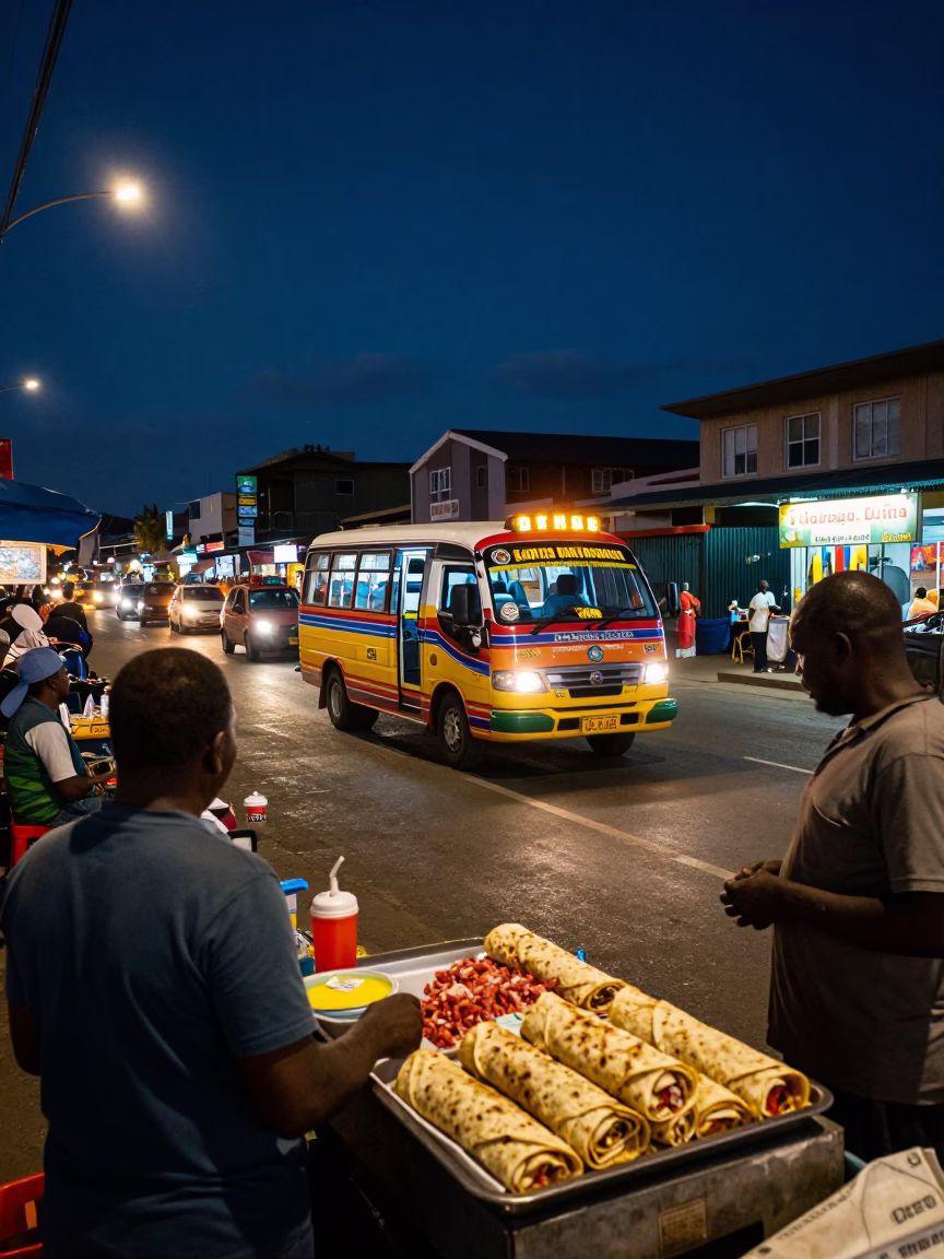 Midnight Durban Street Scene with Matatu and Local Market Goods in in Durban, South Africa
