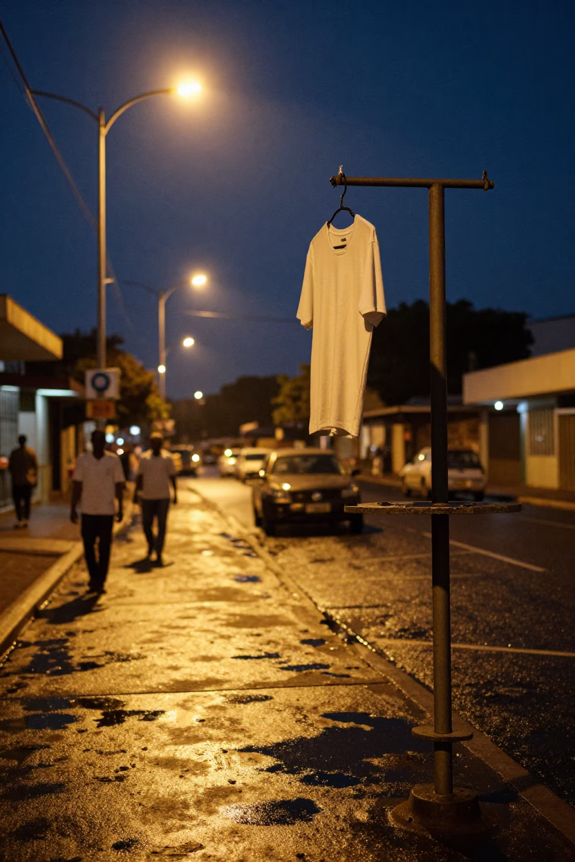 Midnight Durban Street Scene with Shirt Hanger and Peg Rail Detail in in Durban, South Africa