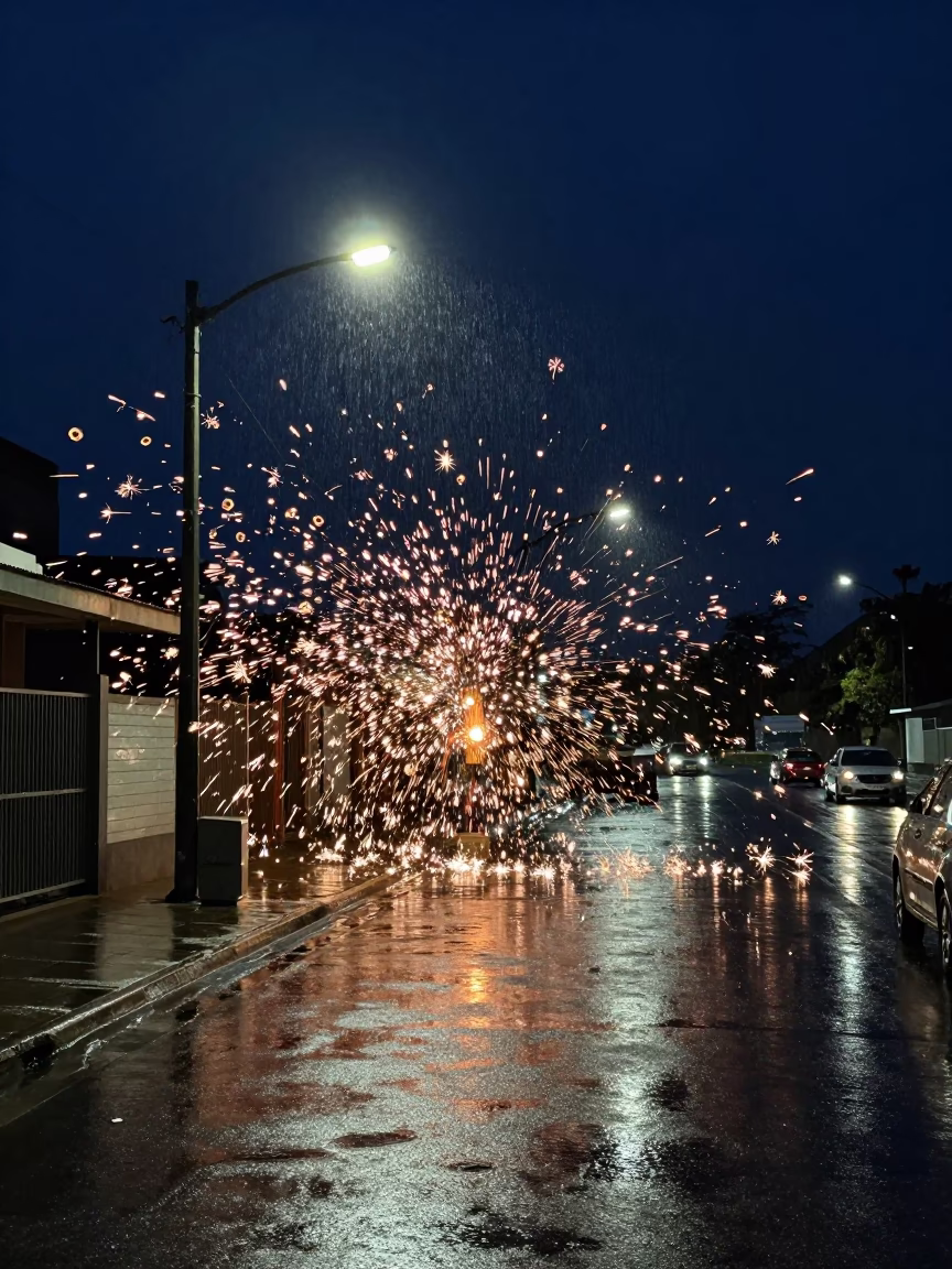 Midnight Durban Street Scene with Substation Insulators Sparkling Under Floodlights in in Durban, South Africa