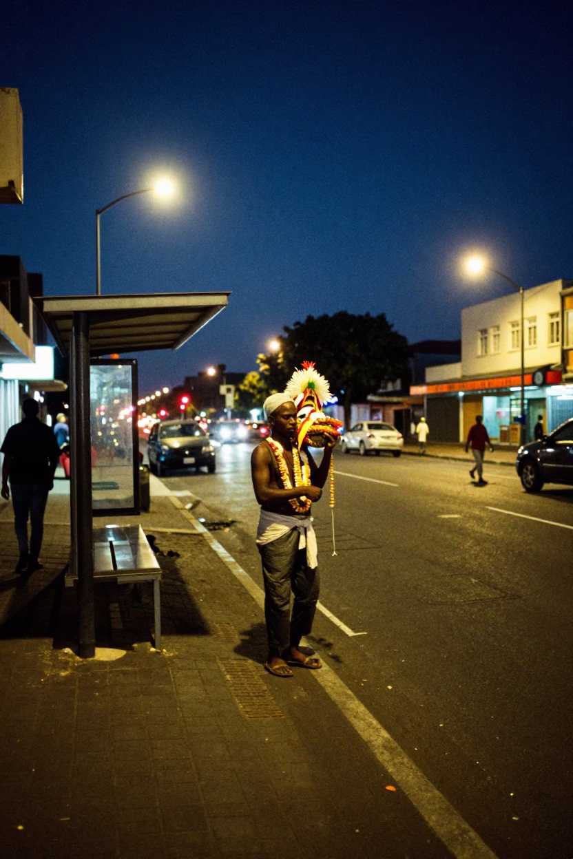 Midnight Durban Street Scene with Thaipusam Devotee and Urban Infrastructure in in Durban, South Africa