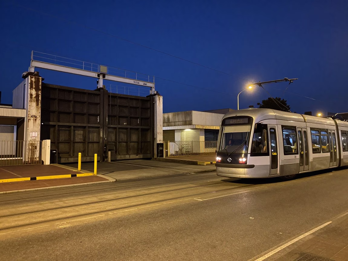 Midnight Durban Street Scene with Tramcar and Floodgate Infrastructure in in Durban, South Africa