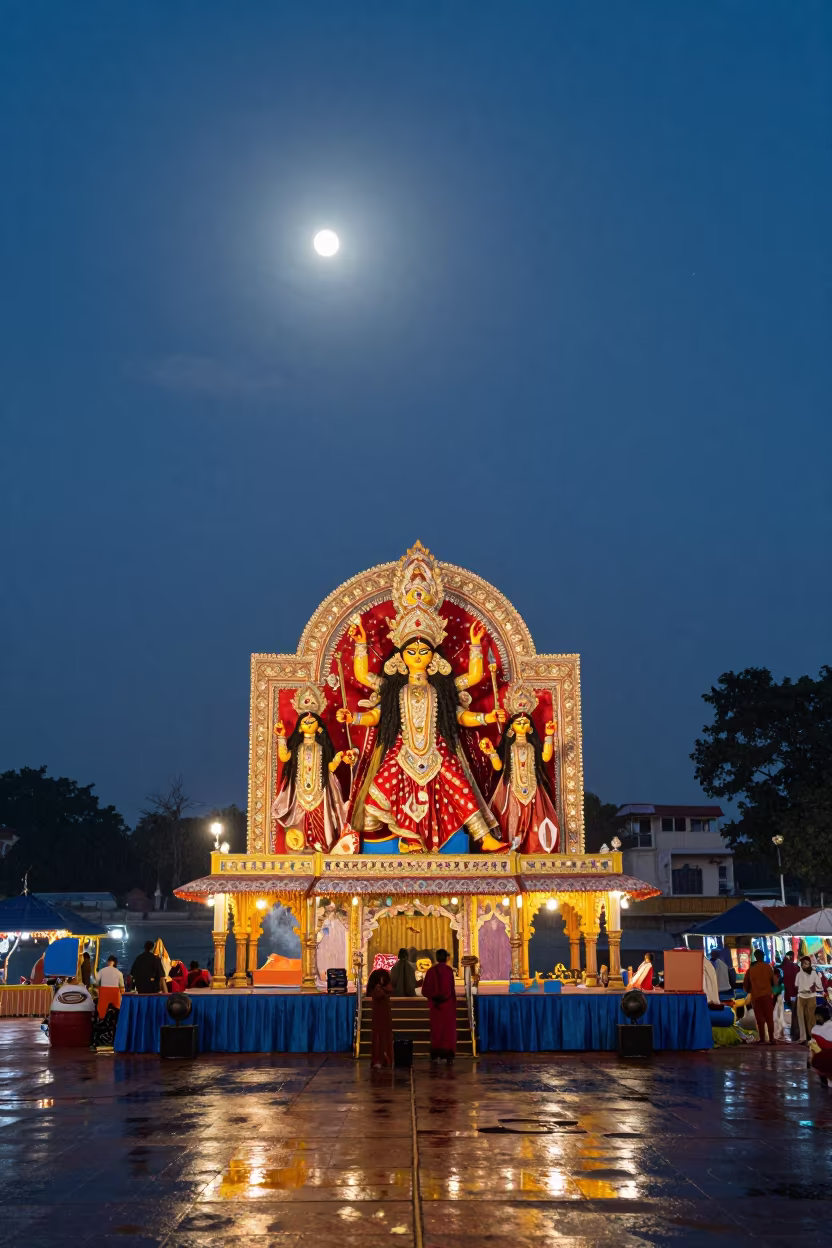 Midnight Durga Pandal Waterfront Jaipur Drizzle in at a waterfront celebration near Johari Bazaar, Jaipur