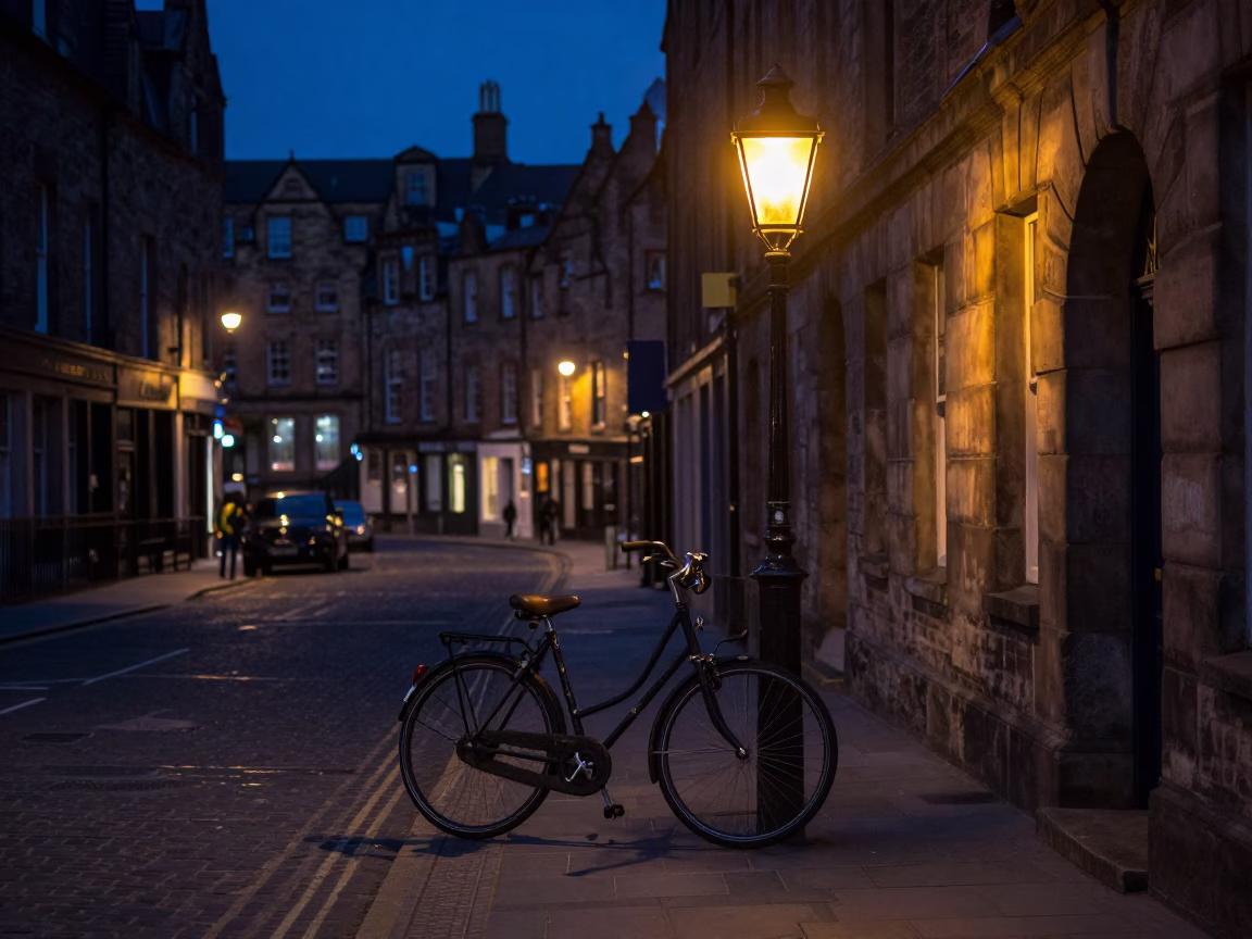 Midnight Edinburgh Street Scene with Bicycle and Lantern Near Royal Mile Cobblestones in in Edinburgh, United Kingdom