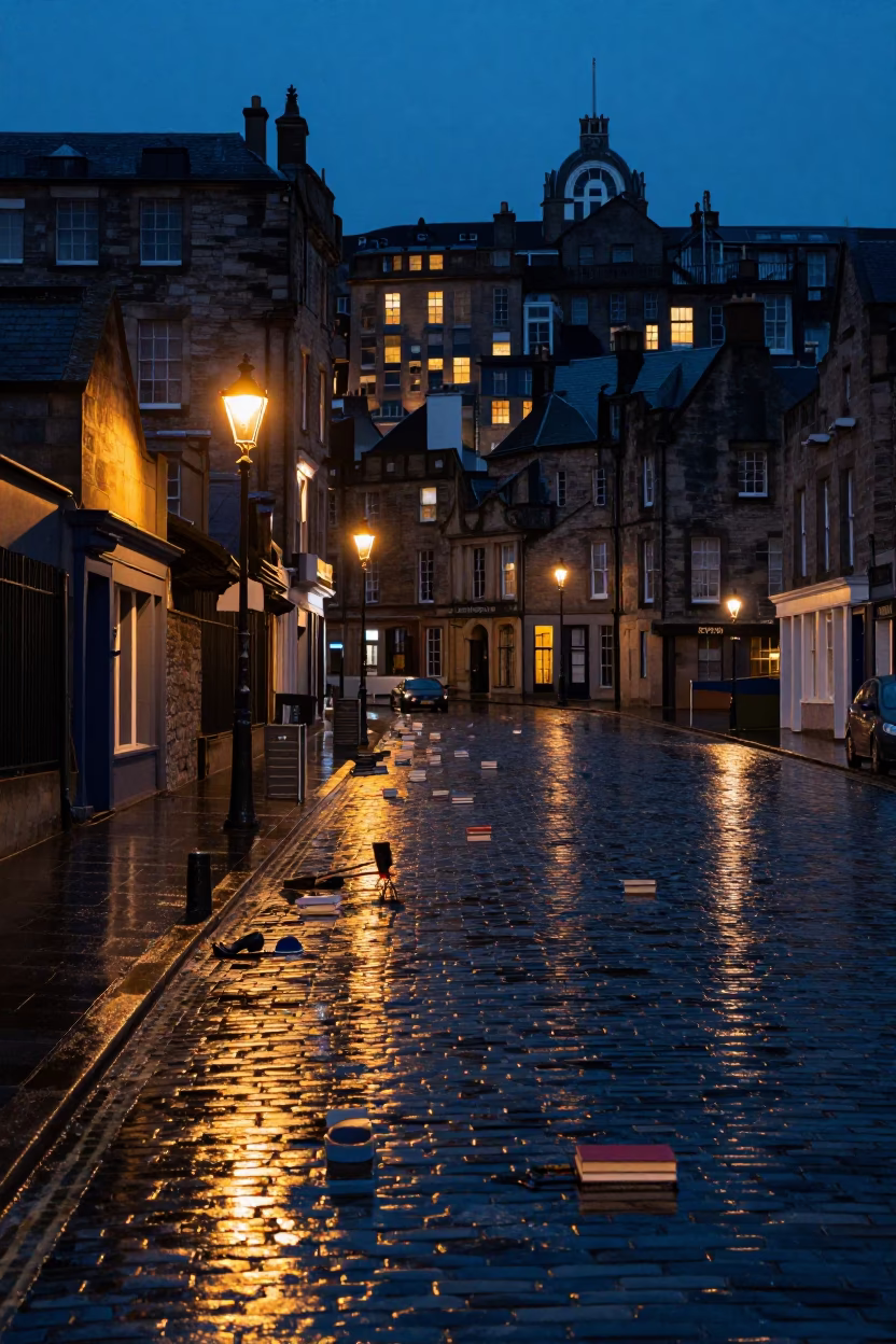Midnight Edinburgh Street Scene with Books and Boot Scraper in in Edinburgh, United Kingdom